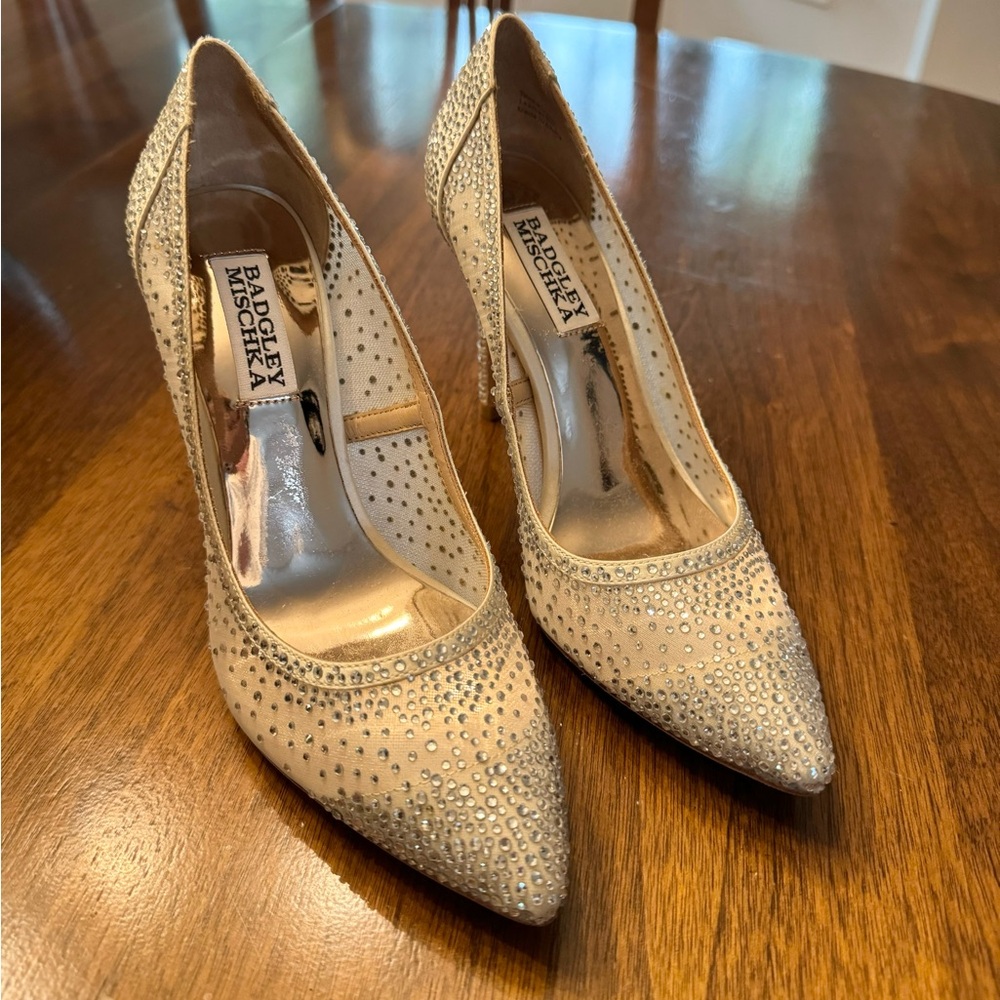 Badgley Mischka Glittering Silver and Cream Heels